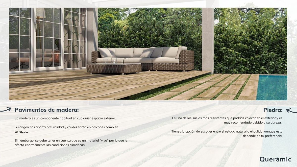 queramic's tweet image. ¿Tu terraza necesita una mejora? 🌿☀️

¡No te preocupes! Estamos aquí para ayudarte.

¿Cuál de estos materiales crees que sería perfecto para mejorar tu terraza? ¡Déjanos tus comentarios! 💬👇

#Exteriores #Terrazas #Verano