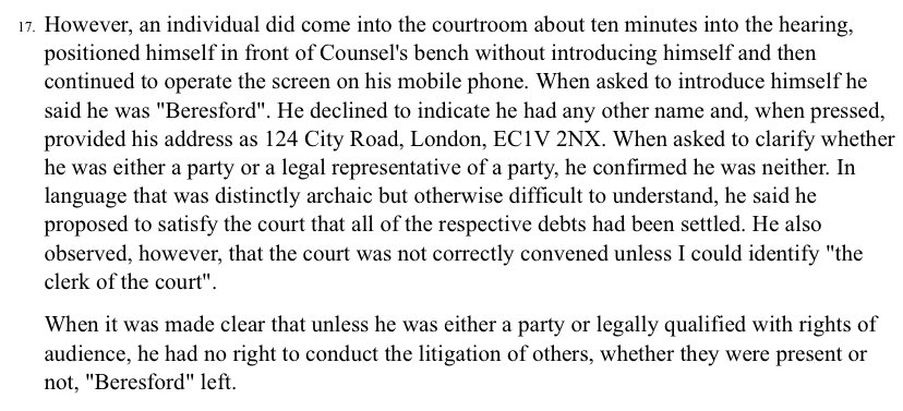 Master Thornett strikes out a bunch of “plainly legally erroneous” claims “founded on legalistic whimsy” One doc was “variously festooned with fingerprints (in what one hopes is just red ink), seals and sigils” bailii.org/ew/cases/EWHC/…