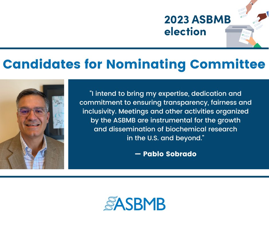 ASBMB's tweet photo. #ASBMBelections, Nominating Committee | "I intend to bring my expertise...to ensuring transparency, fairness & inclusivity...activities organized by the ASBMB are instrumental for the growth...of biochemical research in the U.S. & beyond." —@SobradoLab
https://t.co/wWtBNgCOfV https://t.co/0CdgpNUbg0