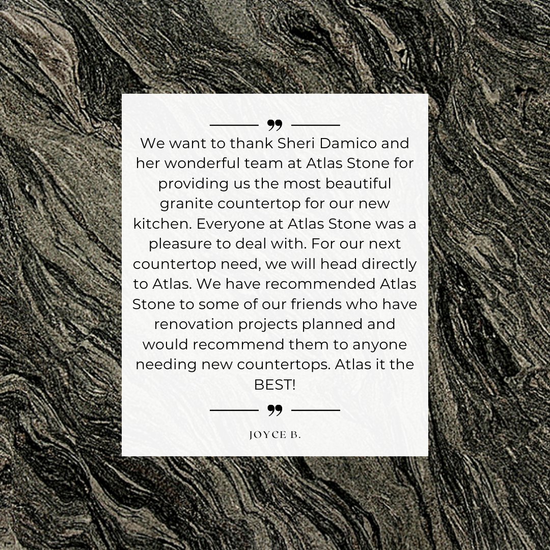Atlas_Stone_Fab's tweet photo. We love to hear feedback from our satisfied clients! If you have an Atlas Stone project in your home or business consider taking the time to leave us a review on Google, Yelp or on our Facebook page! Thank you to Joyce for trusting Atlas Stone Fabricators with your stone project! https://t.co/jZ8Q9dsFHI