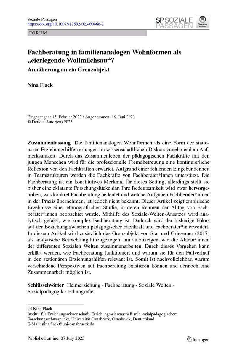 Heute ganz neu erschienen und über open access verfügbar. Ein sehr informativer und interessanter Text meiner Kollegin Nina Flack zu Fachberatung in familienanalogen Wohnformen. Von mir gibt's eine klare Leseempfehlung 👍
#fachberatung #sozialpädagogik #ethnografie #sozialewelten