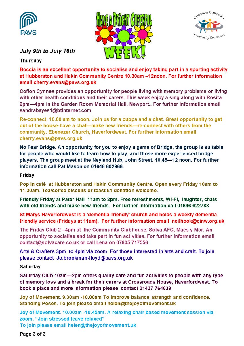 What are your plans for next week? Please see the following list of wonderful opportunities to get out and about. For further information email cherry.evans@pavs.org.uk #dementia