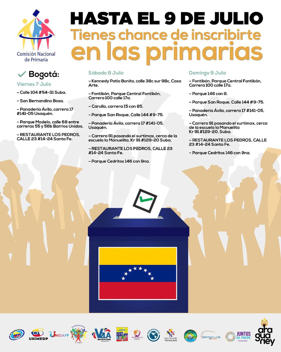 Varias ONG’S nos hemos unido para promover la inscripción de los #VenezolanosEnColombia en las primarias.

El proceso es sencillo, pero si quieres que te orientemos ACÉRCATE con tu cédula o pasaporte (venezolanos). 

¡Venezuela está, donde esté un venezolano!

#PrimariasColombia