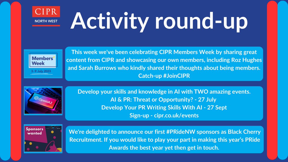 CIPRNORTHWEST's tweet photo. We know how busy our North West members are, so here's a handy recap of this week's activity and the great events coming up. Have a great weekend! #CIPRNW #Communications #PR 

Blogs👉https://t.co/s8kmCR5Fpm
Events👉https://t.co/9aR6gk3LXo https://t.co/VXWAZ2h3Wd