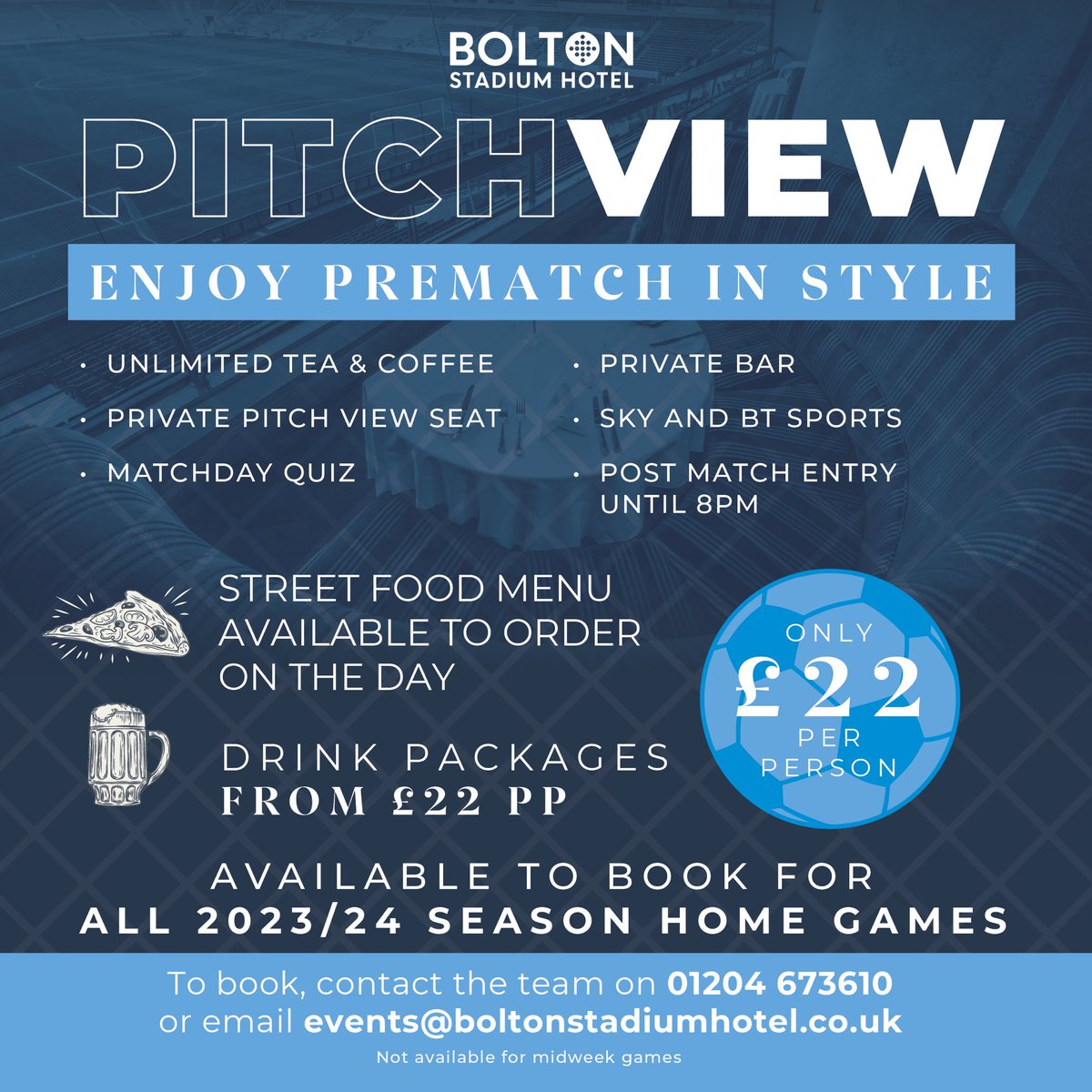 🥳 New season means pitch view pre-match is back! 

Available on all weekend and bank holiday fixtures… 

Simply pre order your drinks to guarantee your seat in Reflections 🍻

Contact the team today: 
📞 01204 673610 
📧 events@boltonstadiumhotel.co.uk