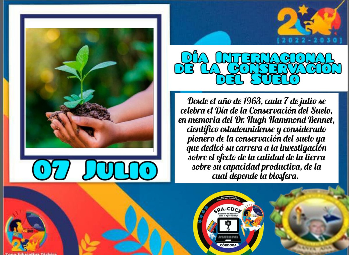 Efemérides del 07 Julio " Día Internacional de la Conservación del Suelo"
<a href="/NicolasMaduro/">Nicolás Maduro</a>
@MPPEDUCACION 
<a href="/_LaAvanzadora/">Yelitze Santaella</a>
<a href="/RosangelaOrozco/">Rosangela Orozco</a>
<a href="/FreddyBernal/">Freddy Bernal</a>
<a href="/CDCETachira/">CDCE Táchira</a>
<a href="/Berzabethg1/">Berzabethgandicaoficial</a>
<a href="/Crazet2011/">Crazet2011</a>
@docentenforma
<a href="/yusara90012991/">Cordoba R.P.A</a>
<a href="/info_mppe/">INFO MPPE</a>