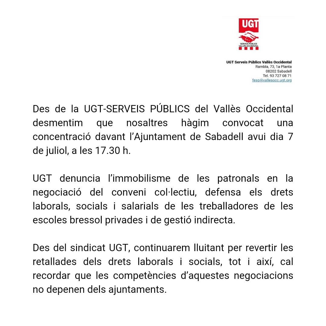 Merporras's tweet photo. Comunicat de @ugtvallesocc sobre l'actuació que es volia fer avui davant l'Ajuntament de Sabadell en protesta sobre el bloqueig del #conveni03 https://t.co/YfwB1NiGe7