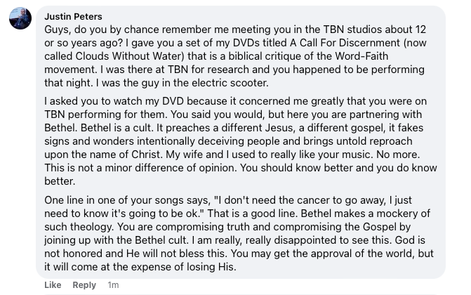 JustinPetersMin's tweet photo. Shane and Shane have partnered with Bethel music. I rarely post on FB (a friend of mine maintains the ministry page for me) but I did today. Here's a screenshot of their post and my reply. 

Bethel is a well known commodity. Ignorance of who they are and what they teach is not an option. This is really sad to see.