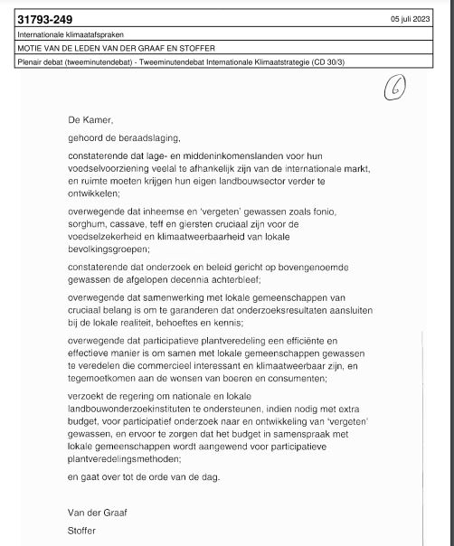 maartenvna's tweet photo. Een brede Kamermeerderheid (127 vóór) stemde gisteren in met het verzoek van @StienekevdGraaf @chris_stoffer om nationale en lokale landbouwonderzoekinstituten te ondersteunen met onderzoek naar en ontwikkeling van "vergeten" gewassen als fonio, sorghum, casave, teff en giersten https://t.co/zKOrC8VBu9