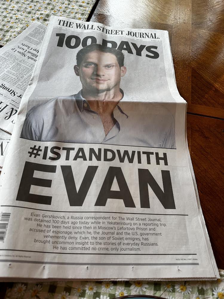Elizabeth Bernstein (@ebernsteinwsj) on Twitter photo The <a href="/WSJ/">The Wall Street Journal</a> will leave no man left behind.
Today marks 100 days since Evan Gershkovich was wrongfully detained by Russia and accused of espionage.
He did nothing wrong. We continue to demand his immediate release.
#IStandWithEvan #FreeEvan #JournalismIsNotACrime The <a href="/WSJ/">The Wall Street Journal</a> will leave no man left behind.
Today marks 100 days since Evan Gershkovich was wrongfully detained by Russia and accused of espionage.
He did nothing wrong. We continue to demand his immediate release.
#IStandWithEvan #FreeEvan #JournalismIsNotACrime