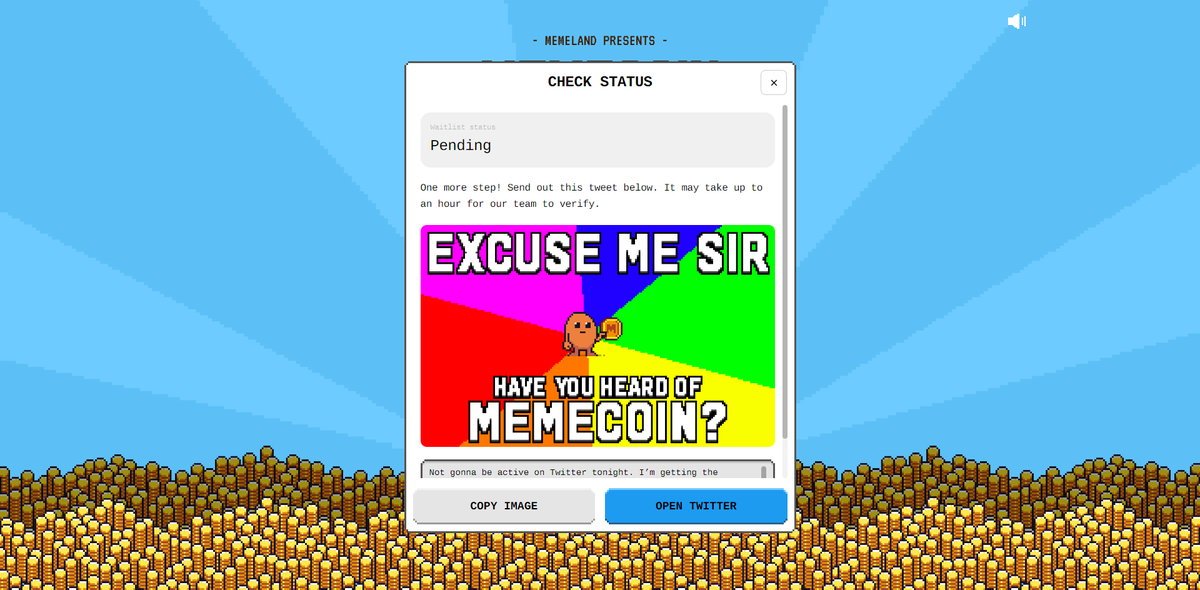 bullishether_'s tweet photo. Not gonna be active on Twitter tonight. I’m getting the @memecoin waitlist (a real one) in half an hour (wouldn’t expect a lot of you to understand anyway) so please don’t DM me asking me where to get $MEME
#4e34fecd #MEMEWL 
👀👀 https://t.co/8eaW8x7M23