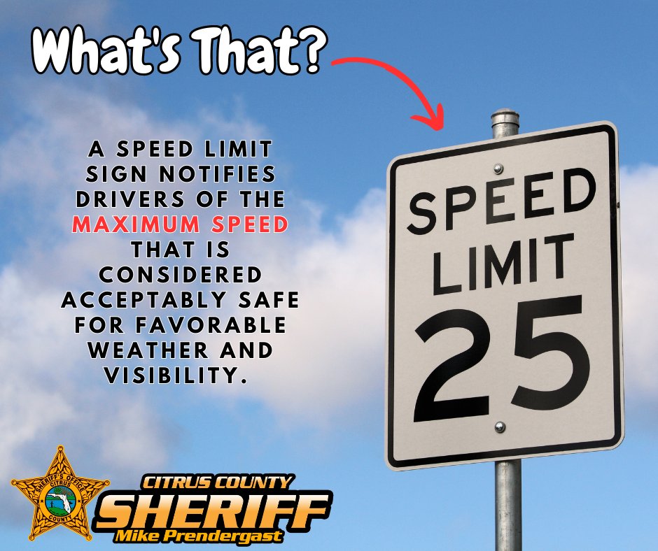 SheriffCitrus's tweet photo. Citrus, we want to remind you to ALWAYS follow the speed LIMIT.
These signs are not a suggestion, the number listed on that sign is the MAXIMUM speed considered acceptably safe during good weather and visibility.
#DriveSafeCitrus #DriveTheSpeedLimit #NoSpeeding
1726 https://t.co/rG22WFAl9u