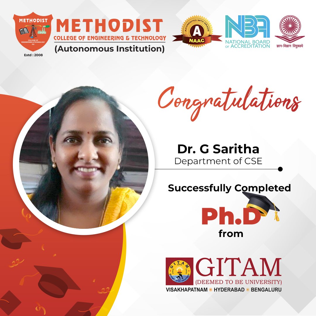 MCETHyderabad's tweet photo. Congratulations🎉👏🏻 to Dr. G Saritha from the Department of #CSE for securing a prestigious #PH_D from #GITAMUniversity! #MCET extends heartfelt #Congratulations to Dr. Saritha on this incredible #Achievement.
#Success #GITAM #University #CSEDepartment #ProudMoment #HardWork https://t.co/a9RIDq7L4z