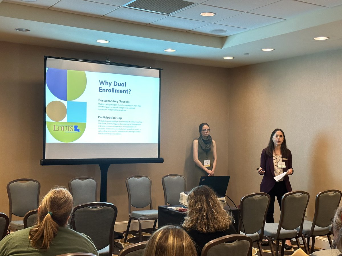 @LaurieBBlandino & Emily Frank presenting at #LLA2023 about the @louislibraries open educational resources (OER) & dual enrollment initiatives in Louisiana, including how academic librarians support OER curriculum & the creation of open textbooks.