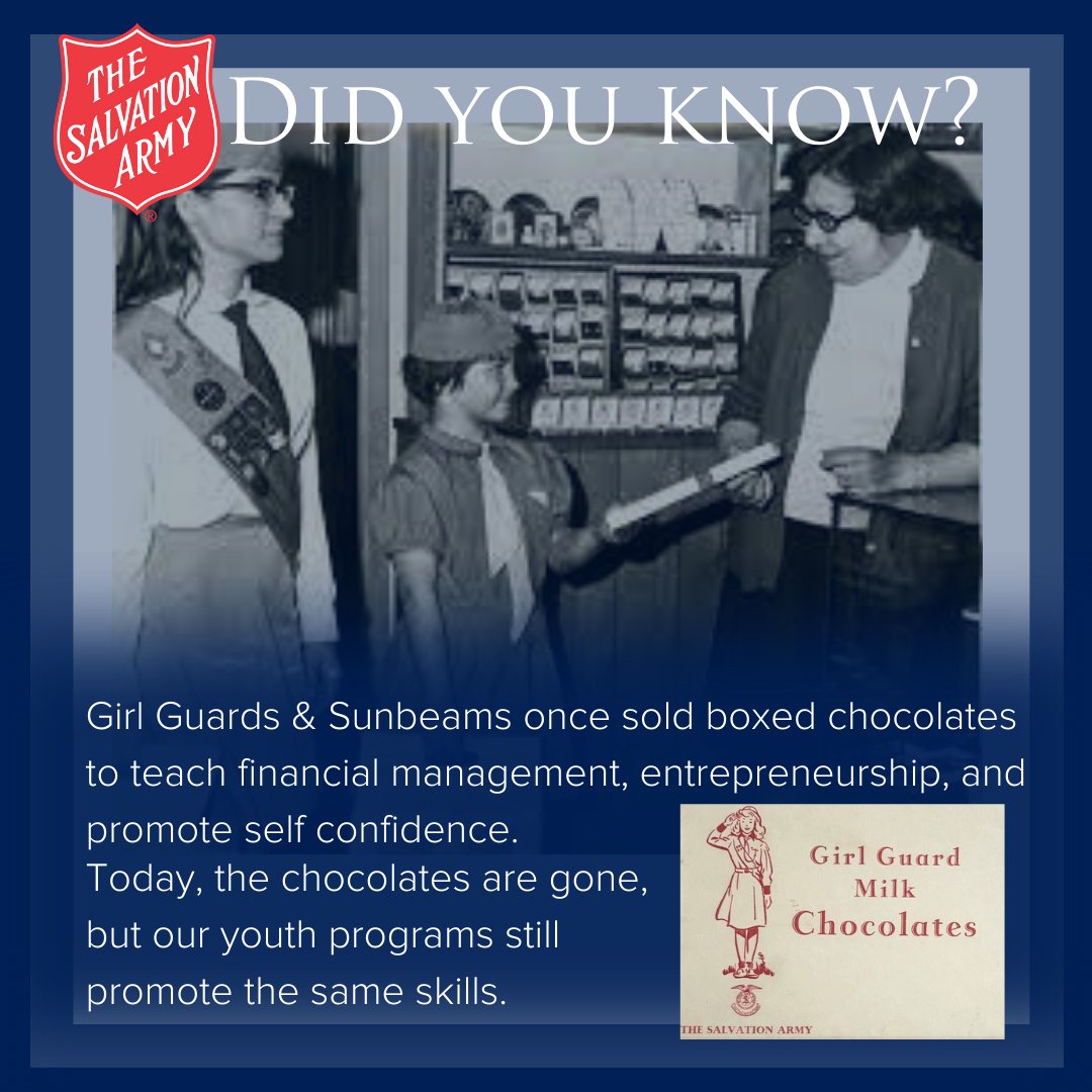 SalArmyDurhamNC's tweet photo. Today is World Chocolate Day!🍫
Did you know The Salvation Army Guard Girls sold their own chocolates like Girl Scouts sell cookies? 
#FastFactFriday #WorldChocolateDay https://t.co/qi4bdYvK58