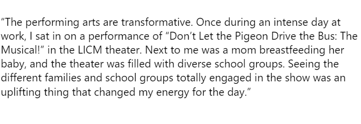 ChrisLaPuma's tweet photo. Erika Floreska, new president of the Long Island Children's Museum, commented on the transformative impact of @The_Pigeon's musical DON'T LET THE PIGEON DRIVE THE BUS! during her introductory remarks yesterday. @misterwarburton #DebbieWicksLaPuma @TYA_USA #creatingqualityTYA https://t.co/WP5QbSWPXr
