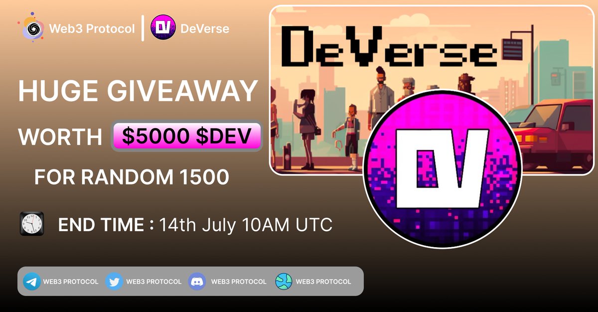 Web3_Protocol's tweet photo. 🎉Web3 Protocol X DeVerse Giveaway 

🏆Prize Pool:- $5000 $DEV Reward
 To Enter:- 
✔️Follow @Web3_Protocol &amp; @DeVerse_DV
✔️Like and RT 3 friends 
✔️Fill form :- https://t.co/p1R3vQjIG9

 #Airdrop #Giveaway #Giveaways #Deverse https://t.co/VqCS1GE1og