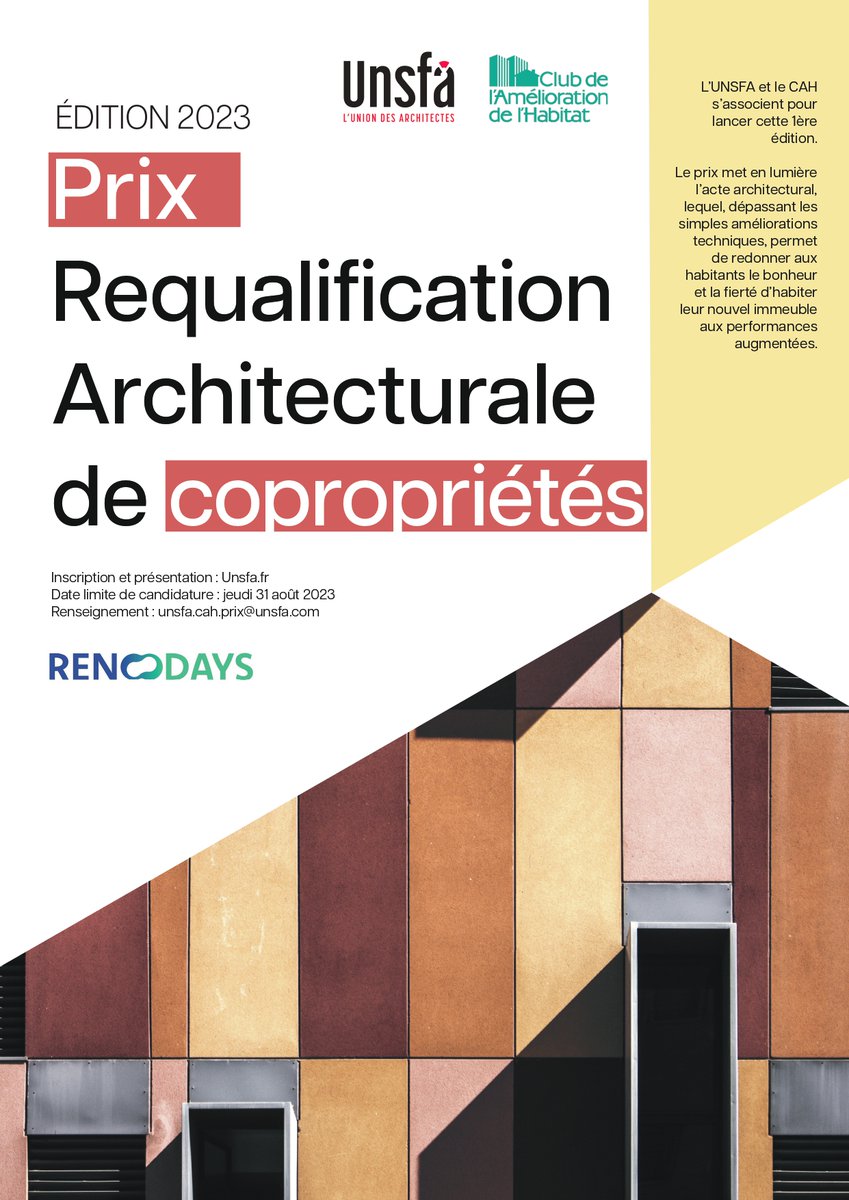 🚨 Appel à candidatures🚨
Le #Club et l'<a href="/UnsfaOfficiel/">Unsfa Architectes</a> s'associent pour lancer le prix de la Requalification Architecturale de Copropriétés !

⌛Candidatures ouvertes jusqu'au 31 août…

+ d'infos 👇
bit.ly/3D54s9Q