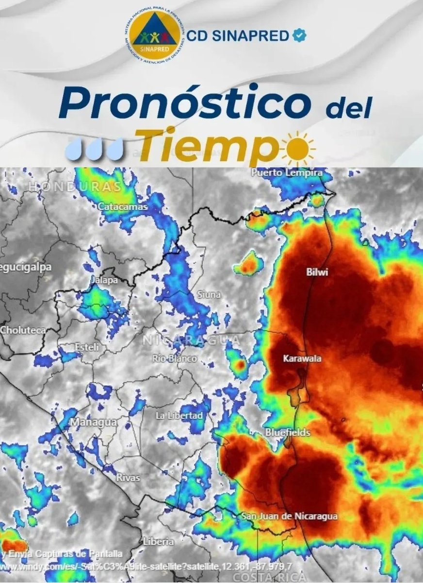 Este viernes 07 de julio la onda tropical N°11 desplazándose por Nicaragua, se esperan temperaturas de 27 a 35 grados Celsius en el Pacífico, de 26 a 34 en la zona Norte y Central y de 29 a 31 grados en las Regiones Autónomas de la Costa Caribe. 👩‍🚒👨‍🚒🌧☔️
 #SinapredSomosTodos