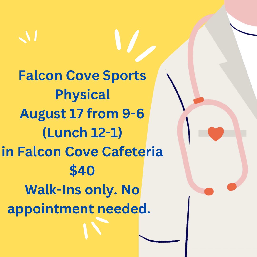 fcms_athletics (@athleticsfcms) on Twitter photo Any Falcon Cove athlete needing their sports physical for the upcoming school year, here is your chance <a href="/PrincipalFCMS/">Principal Carruth</a> <a href="/FalconCovePTA/">FalconCovePTA</a> <a href="/FalconCove/">Falcon Cove Middle</a> <a href="/CityofWeston/">City of Weston</a> Any Falcon Cove athlete needing their sports physical for the upcoming school year, here is your chance <a href="/PrincipalFCMS/">Principal Carruth</a> <a href="/FalconCovePTA/">FalconCovePTA</a> <a href="/FalconCove/">Falcon Cove Middle</a> <a href="/CityofWeston/">City of Weston</a>