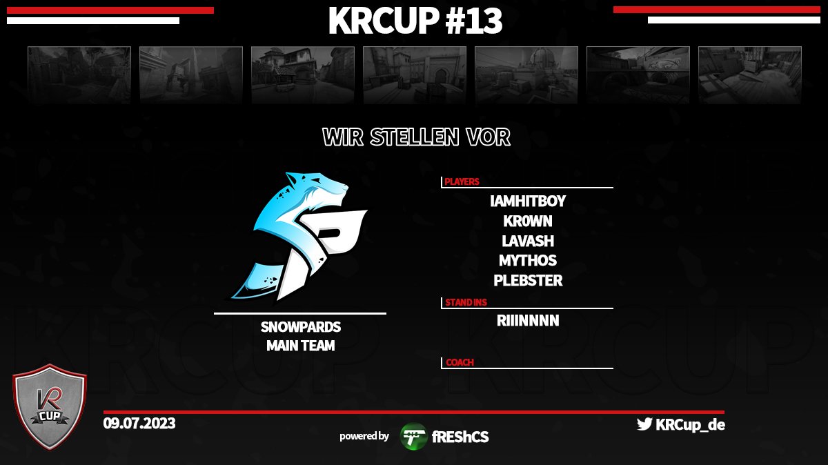 Der 12te Teilnehmer ist das Main Team von <a href="/Snowpards_eu/">SNOWPARDS</a> ,
bzw. das Ex <a href="/OTHERSCANTBEAT/">OTHERSCANTBEAT</a> . Team, welches schon dreimal an einem Cup teilgenommen hat. 
Sie werden versuchen ihr bestes Ergebnis vom #KRCUP 11 zu übertreffen, wo Sie im Halbfinale gegen <a href="/ARROWdotGG/">ARROW</a> .NXT ausgeschieden