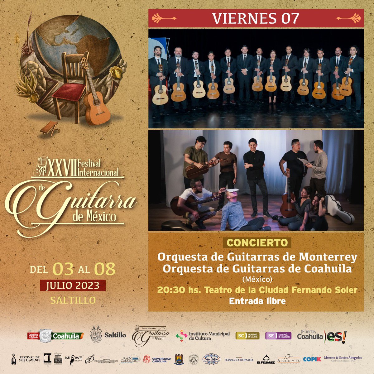 Amanecemos con grandes noticias para el plan de hoy
¿Están listos?
La Orquesta de Guitarras de Monterrey junto con la Orquesta de Guitarras de Coahuila ✨🤩
¡Hoy en el teatro de la ciudad! 
ENTRADA LIBRE ✨✨