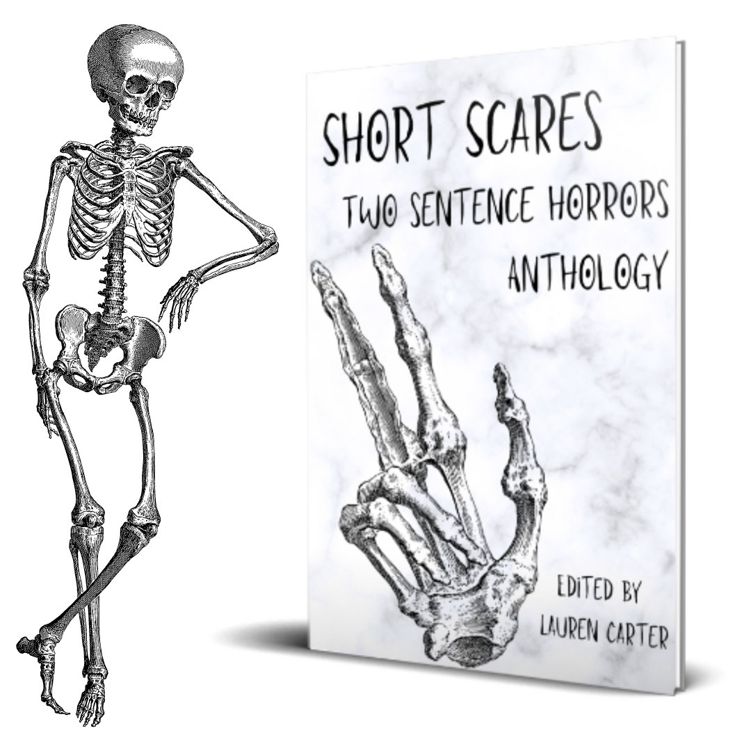 Cover of SHORT SCARES: TWO SENTENCE HORRORS ANTHOLOGY - edited by me. It's a skeleton hand, holding up two fingers