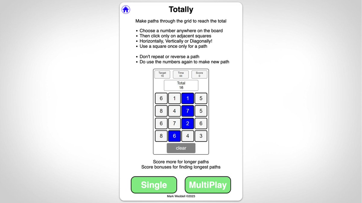 tonyvincent's tweet photo. Totally is a free online game for practicing addition. A player has 3 minutes to click numbers on the board to make paths that add up to the target sum. 

https://t.co/eHDO1Kn0Y4 https://t.co/Ns18Pb40mu