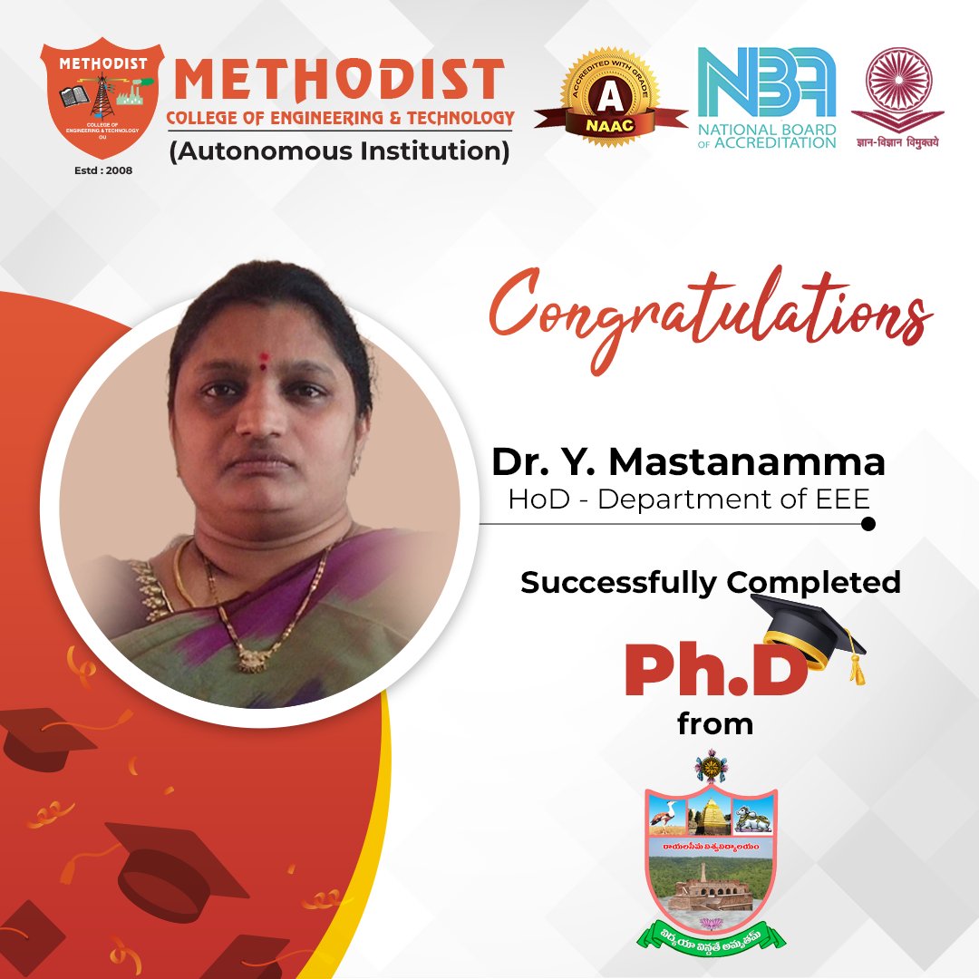 MCETHyderabad's tweet photo. Congratulations to Dr. Y Mastanamma from the Department of #EEE for securing a prestigious #PH_D from #RayalaseemaUniversity! #MCET College extends warmest #Congratulations to Dr. Mastanamma this remarkable #Achievement.
#Success #EEEDepartment #ProudMoment #HardWork #Dedication https://t.co/hZ3DWoVcQx