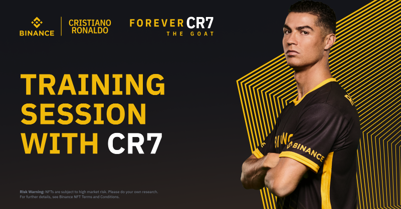 binance's tweet photo. A once in a lifetime opportunity. 

Train with @Cristiano himself.

Exclusive to holders of the rarest ForeverCR7: The GOAT NFTs.