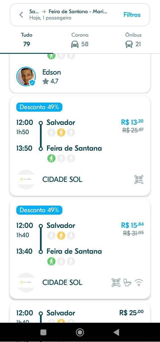 thi_engamb's tweet photo. Essa vai pra galera da tour SSA<->FSA. A viação Cidade Sol está com promoções muito boas na venda de passagens pelo app @BlaBlaCarBR . 
Comprei passagem de ônibus na categoria executivo por $15,84. Preço no guichê custa +/-  $45,00. https://t.co/4FZ3v7pNAO