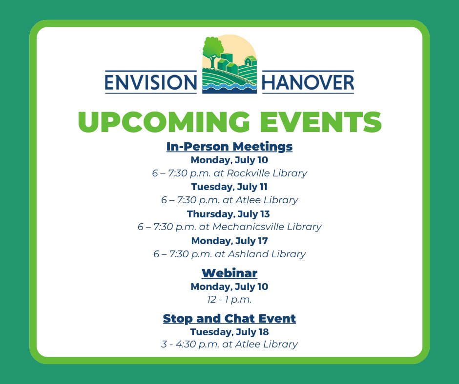 envisionhanover's tweet photo. More  Envision Hanover events are scheduled for next week! Come learn more about  the planning process and share your ideas related to transportation,   environment, and community facilities. https://t.co/3Kxc2JFZPe
