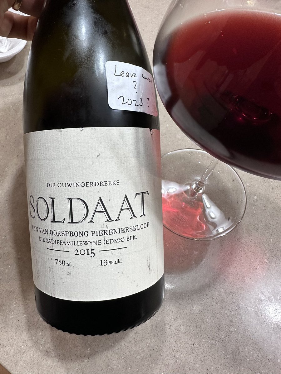 DinoPaizes's tweet photo. Opened a bottle of this @SadieFamilyWine Soldaat ‘15 a few years ago and wasn’t impressed, found it quite “green”. Stuck a note on my remaining bottles suggesting I start drinking again in 2023. Happy I did it as the wine has developed beautifully and is singing! Very elegant. https://t.co/Gngvj5Iouc