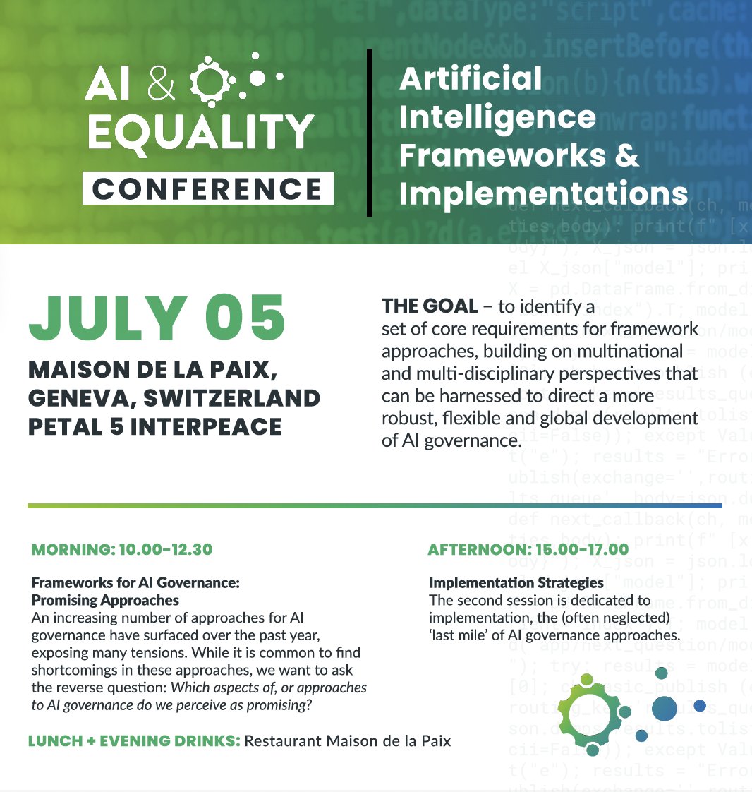 Interpeace hosted the AI &amp; Equality Conference convened by <a href="/WomenAtTheTable/">Women at the Table</a>, aiming to identify a set of requirements for framework approaches, building on multinational &amp; multi-disciplinary perspectives that can be used to direct a more flexible &amp; global dev. of #AI governance.