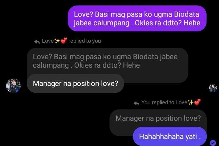 czerille_l's tweet photo. Hahaha kanang gikapoy nakog tambay sa balay and nagplano mu apply. Nakatawa kos manager 😂 grabe murag di man ko suitable for that position love! 😂 https://t.co/0gtREcXfPX