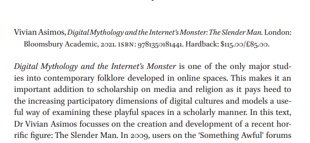 Just read a wonderful review of my book Digital Mythology and the Internet's monster by <a href="/DrZoeAlderton/">Zoe Alderton</a> in Journal of Religion, Media and Digital Culture (thanks <a href="/demonologian/">S. Jonathon O'Donnell; demonologian on 🦋/🧵</a> for accessing for me!)