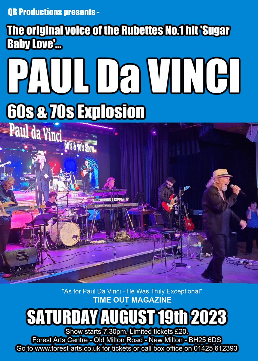 NightsRetro's tweet photo. The voice of the Rubettes 'Sugar Baby Love', 'You're Baby Ain't Your Baby Anymore' and 'Back To The 60s' is bringing his 60s &amp; 70s Explosion show to @HantsCulture @ForestArtsNM on Sat August 19th. Limited tickets now. #pauldavinci #RetroNights #70smusic
https://t.co/RDXFMdEjYa https://t.co/CiZo8myc1r