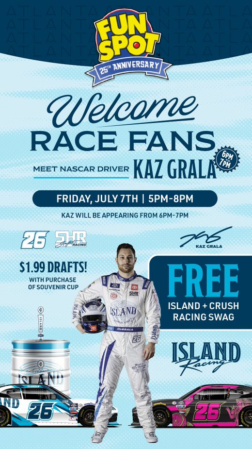 FunSpotAtlanta's tweet image. Welcome Race Fans! Come out to #funspotamericaatlanta today7/7 and meet @KazGrala and try out the #IslandDraft
#funspotatlanta #thingstodoinAtlanta #thingstodoinfayetteville #islandracing