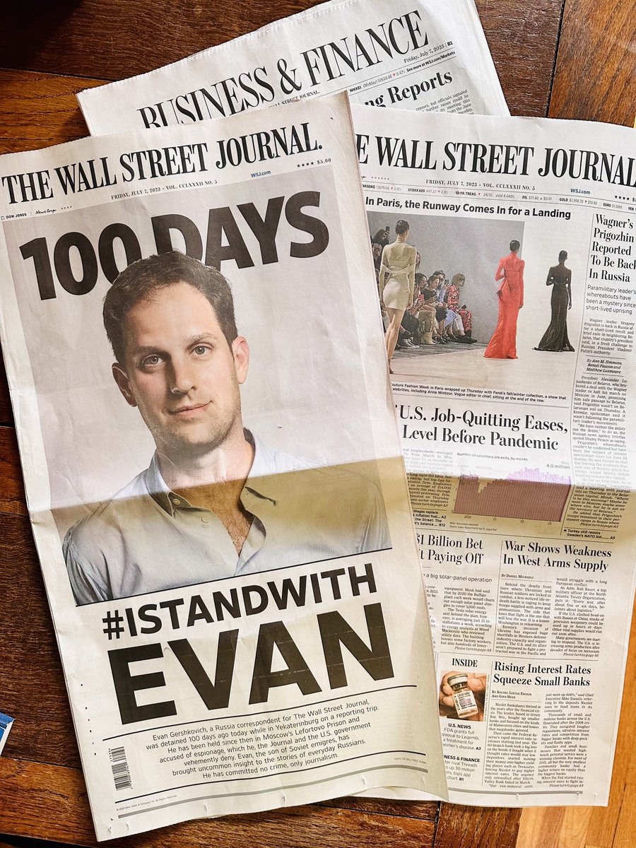 wadeNYC's tweet photo. The Wall Street Journal’s amazing cover today calling for the release of Evan Gershkovich — great work by design team led by Kayla Reynolds, and by printing plants around the country. #IStandWithEvan ⁦@WSJ⁩ https://t.co/GmF1PdOT8E
