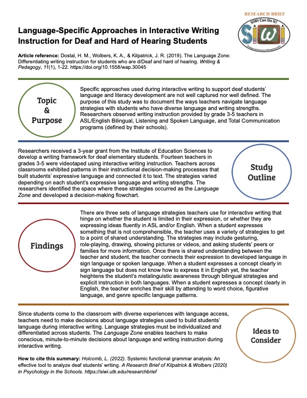 Here are summaries in both ASL and English of our research! Come and dive into our findings on language-specific strategies in interactive writing instruction for deaf and hard of hearing students.

ASL Brief: youtube.com/watch?v=ZnmVll…