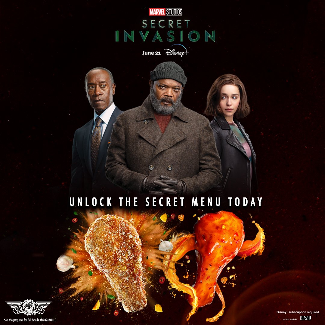 Marvel's tweet photo. Place your trust in the flavor experts. @wingstop teamed up with @SecretInvasion to unlock two new mystery flavors. 👀 Order now on https://t.co/X3XLsSBVev and see Marvel Studios’ #SecretInvasion streaming now only on @DisneyPlus. Follow @wingstop for more! #ad https://t.co/5IOoln4F8u
