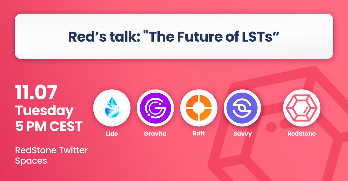 redstone_defi's tweet image. What&apos;s the Future of LSTs? 🤔

Join us as we explore the horizon of Liquid Staking Tokens, their role in shaping the future of DeFi and untapped potential

@LidoFinance, @gravitaprotocol, @raft_fi &amp;amp; @SavvyDeFi are ready to illuminate the path forward 🔥

📆 11th July, 5PM CEST
⬇️