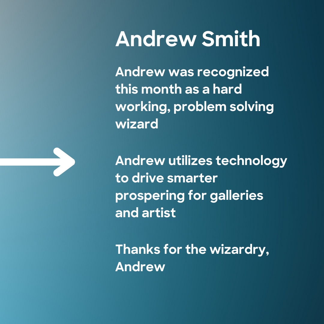 ArtCloud's tweet photo. We’d like to recognize Andrew Smith (Chief Technology Officer) this month 😊 Thanks for all you do, Andrew! https://t.co/nCDNbofuMf