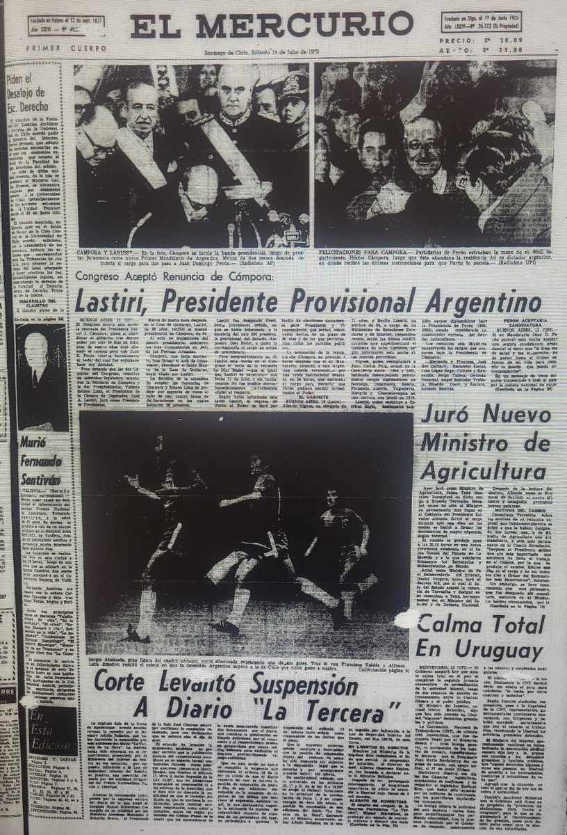 100_diasGolpe's tweet photo. 14 de julio de 1973:
El Mercurio: "Lastiri, Presidente provisional argentino".
El Siglo: "Nos atravesaremos ante cualquier intento de derribar al Gobierno".
Clarín: "Justicia militar tiene lista de pijes que traían dólares y armas".
La Segunda: "La CUT, el nuevo poder del Estado" https://t.co/5tDnUSUd1H