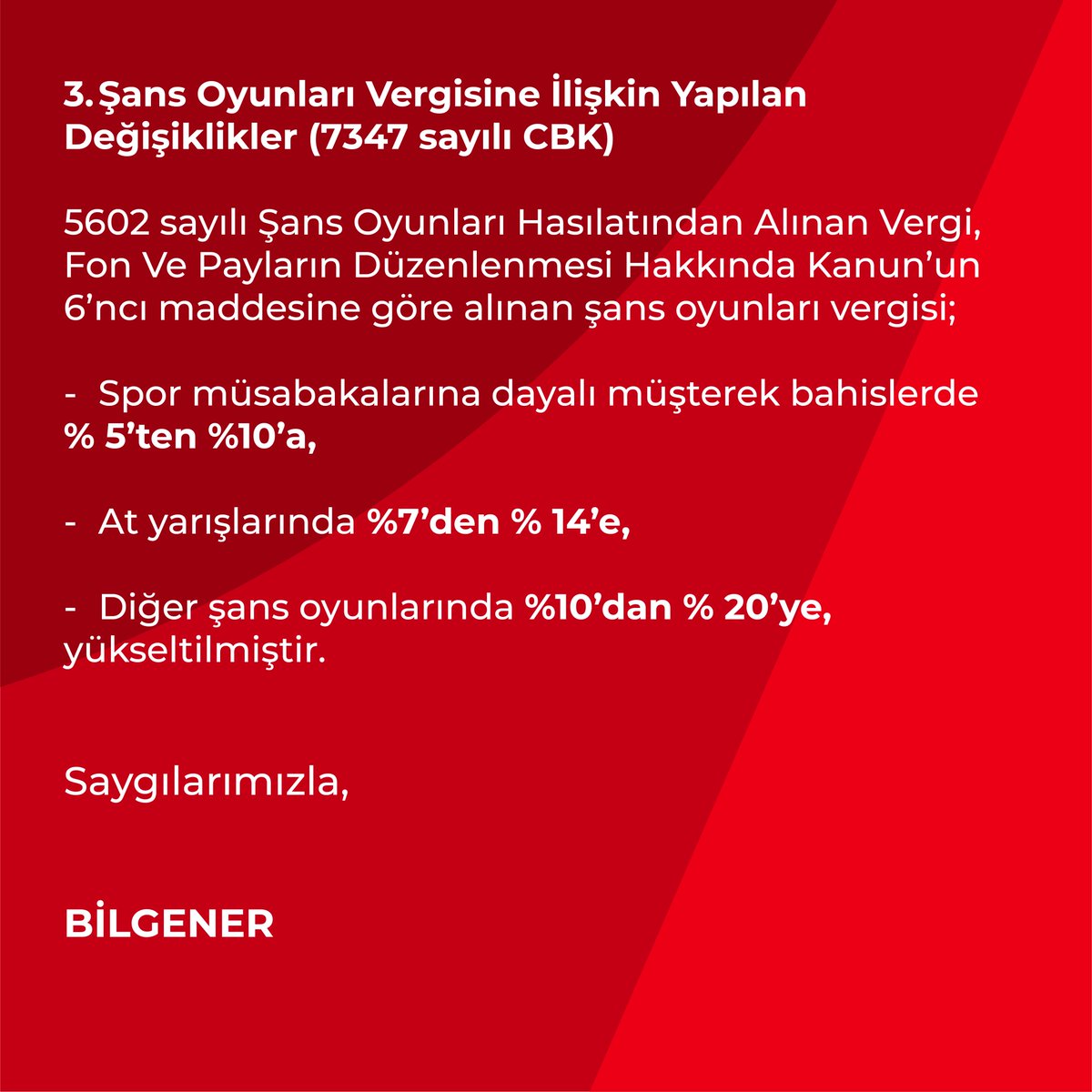 BilgenerYMM's tweet photo. 07.07.2023 tarih ve 32241 sayılı Resmi Gazete yayımlanan Cumhurbaşkanı Kararları (CBK) ile bazı vergi ve harçların nispet ve tutarlarında değişikliğe gidilmiştir.

#Bilgener #Sirküler #ResmiGazete #Vergi #Harç #Banka #CBK #Sigorta #KDV #Kanun #Nispet #Tutar #Denetim #Danışmanlık https://t.co/kRlAgMsKEC