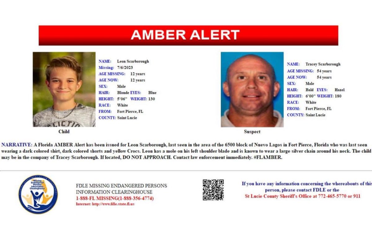 PBCountySheriff's tweet image. Amber Alert 🚨

An AMBER Alert has been issued for Leon Scarborough, who was last seen in the area of the 6500 block of Nuevo Lagos in Fort Pierce. Let’s help this child come back home safely. #AmberAlert