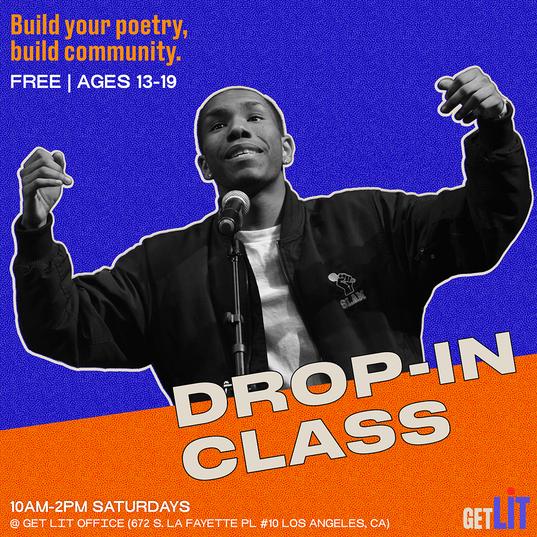 GetLitPoet's tweet image. Join us tomorrow (and every Saturday!) for our FREE Drop-In Class❗️
10am-2pm 🍎 at our office in K-town, Los Angeles📍 We hope to see you there 👋

#YouthPoetry #SpokenWordLosAngeles #SpokenWordLA #LAPoetry #LosAngelesPoetry #FreeClassesInLosAngeles