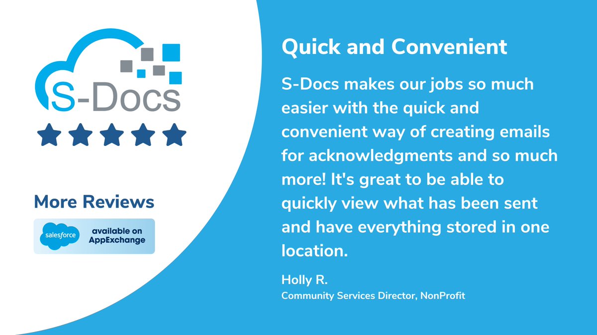 Sdocs's tweet image. We 💙 hearing from our incredible customers - thanks for the great 5⭐ review!

Find out how others are achieving success with S-Docs on #AppExchange: sforce.co/3NuRSoX