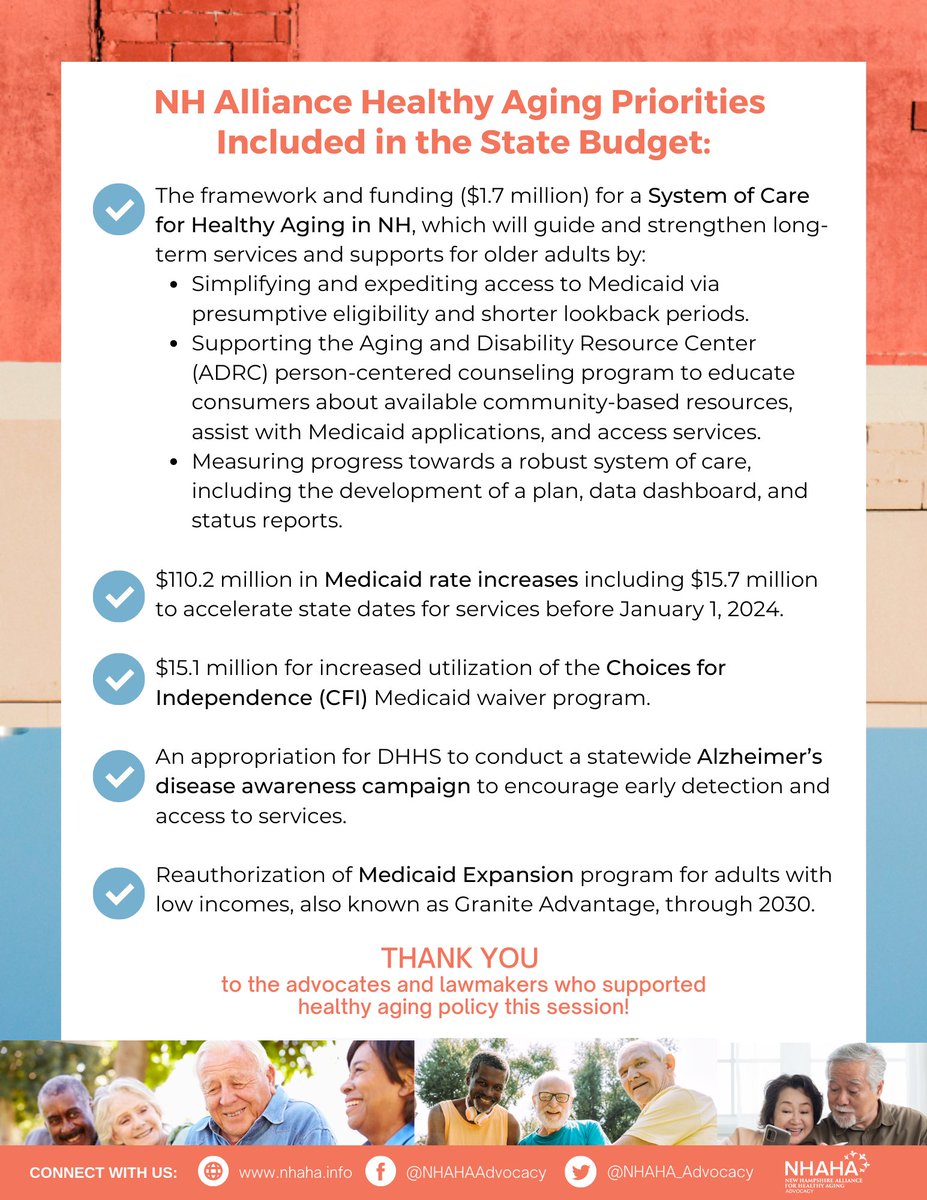 NHAHA_Advocacy's tweet photo. The 2023 Legislative Session is officially over - let's take a moment to reflect on the positive policy change accomplished this year, including the framework and funding for a #SystemofCare for #HealthyAging in New Hampshire! #nhpolitics https://t.co/ad5nQ9rLjC