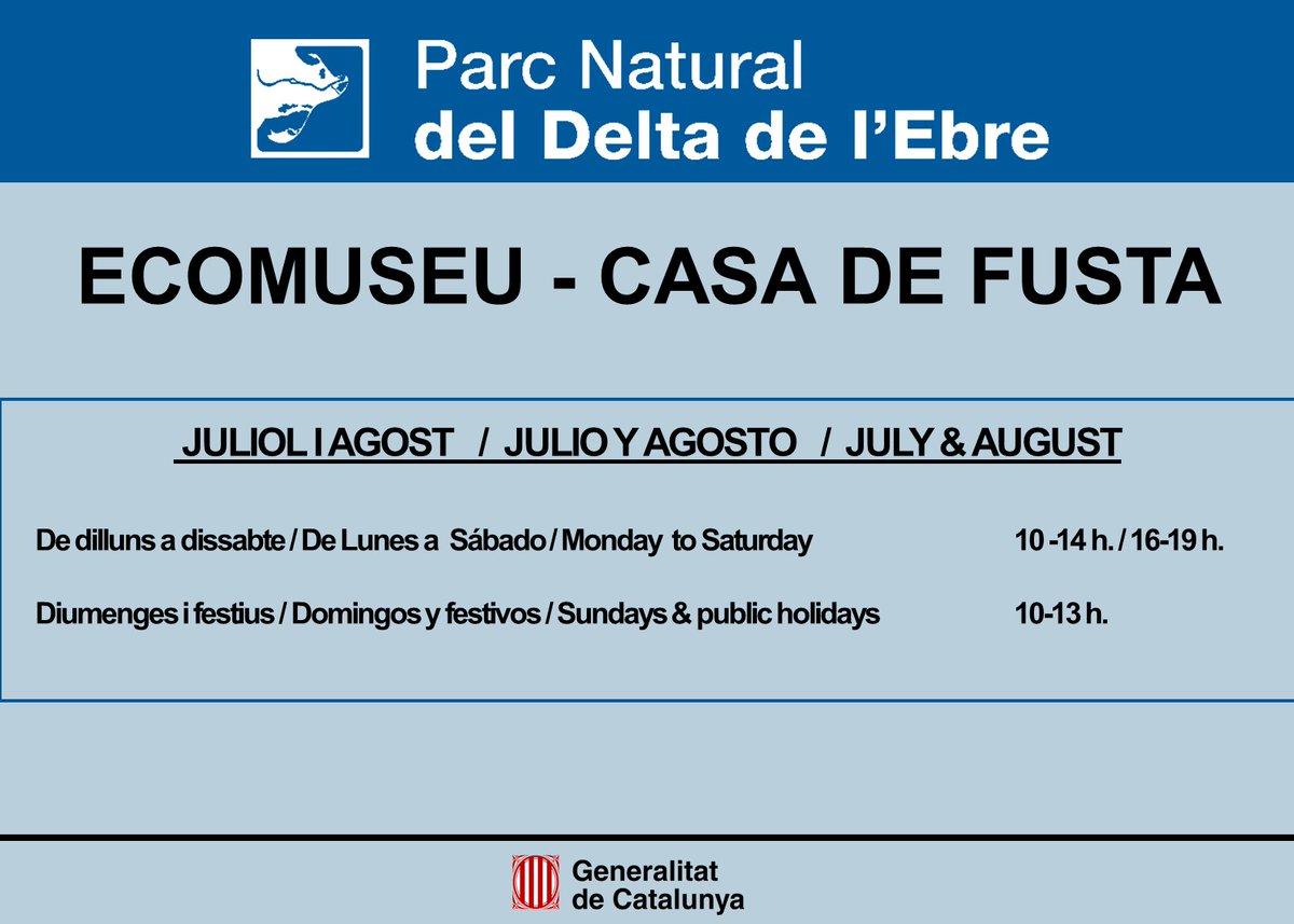 parcscat's tweet photo. 🆕 Horaris centres informació del #PNDeltaEbre
🏛 Ecomuseu (Deltebre) ☎ 977489679
🏛 Casa de Fusta (Bassa de l'Encanyissada, Amposta) ☎ 977261022
📅Juliol i agost 
⏳De dilluns a dissabte de 10 a 14h. i de 16 a 19h. Du. i festius de 10 a 13h.
@TurismeAmposta @TurismeDeltebre https://t.co/urmibC54PL